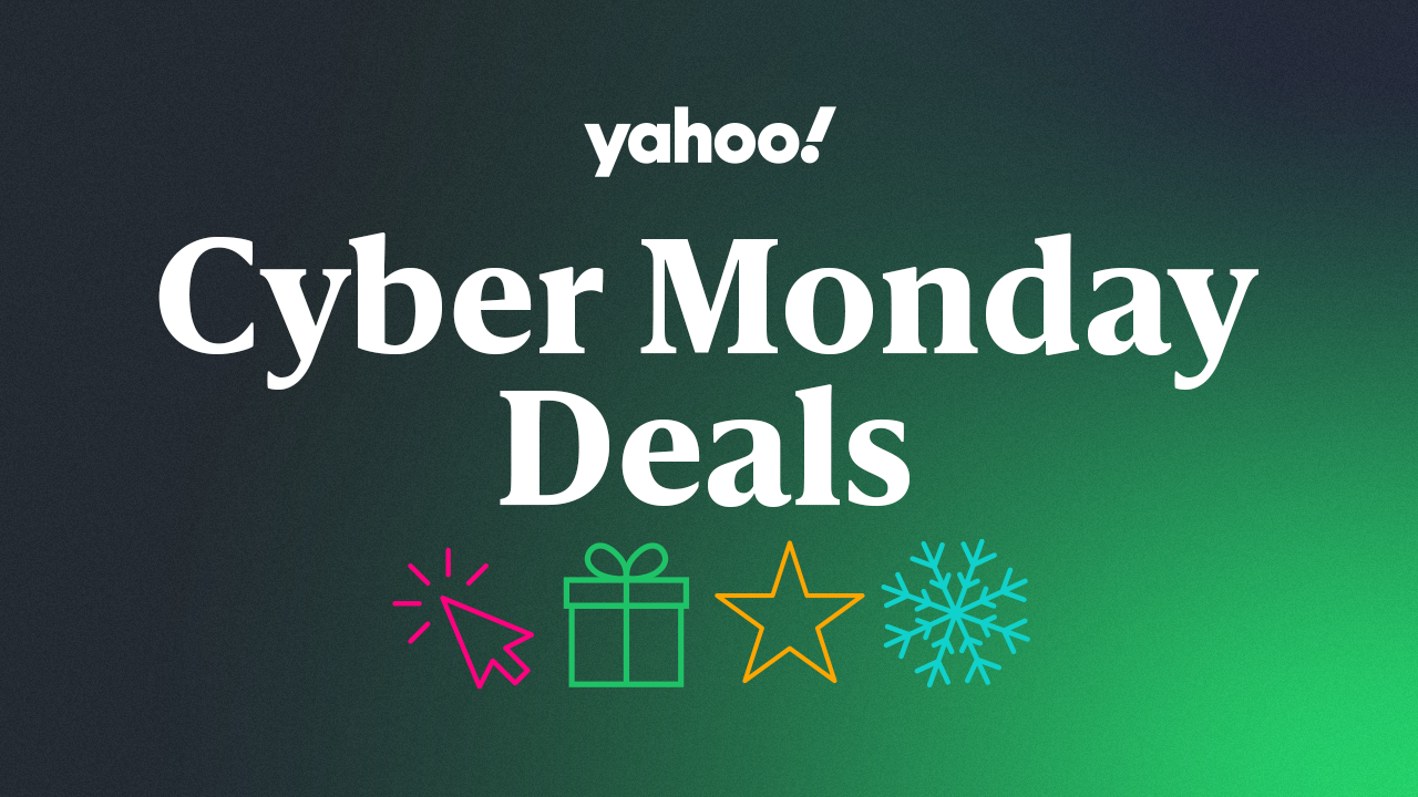 Green background with Cyber Monday written on it and colorful outlined shapes.