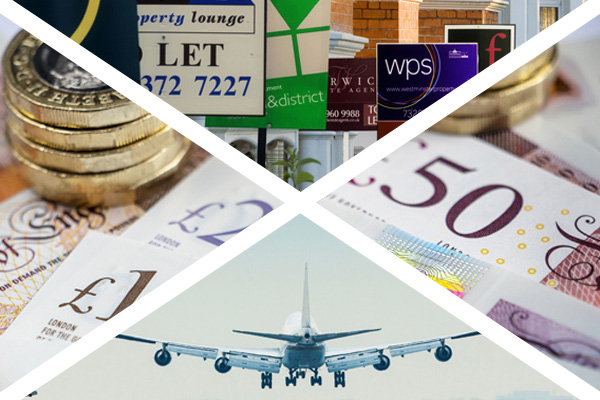 Composite image with a white X in the centre shows four quadrants, displaying a mix of UK currency, an airplane and high street shop signs.