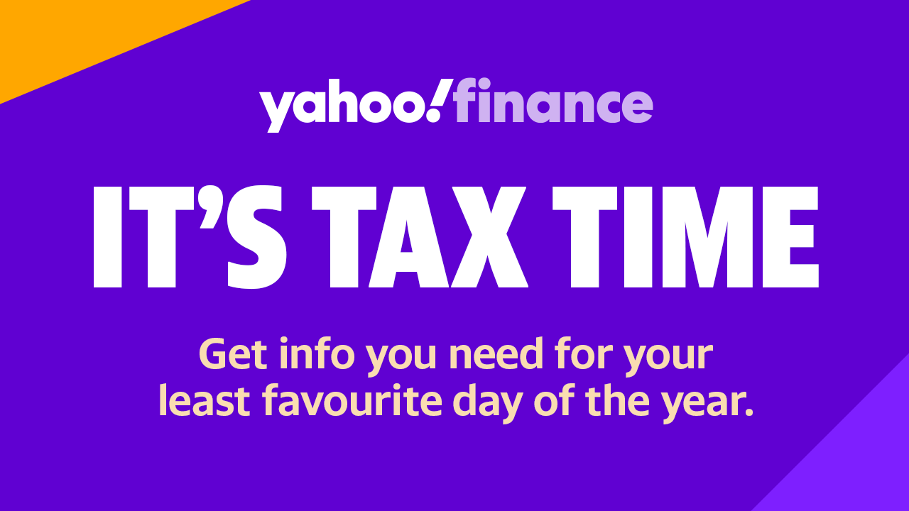 White block text on a purple background reads: It's Tax Time, get info you need for least favourite day of the year.