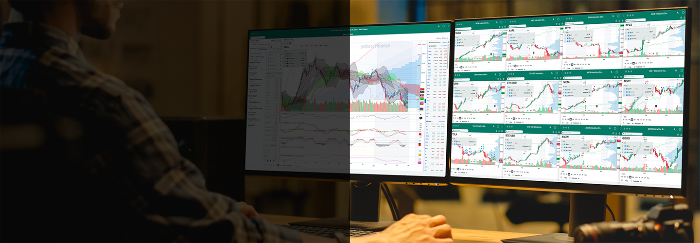 Computer on desk with two monitors comparing different quote charts