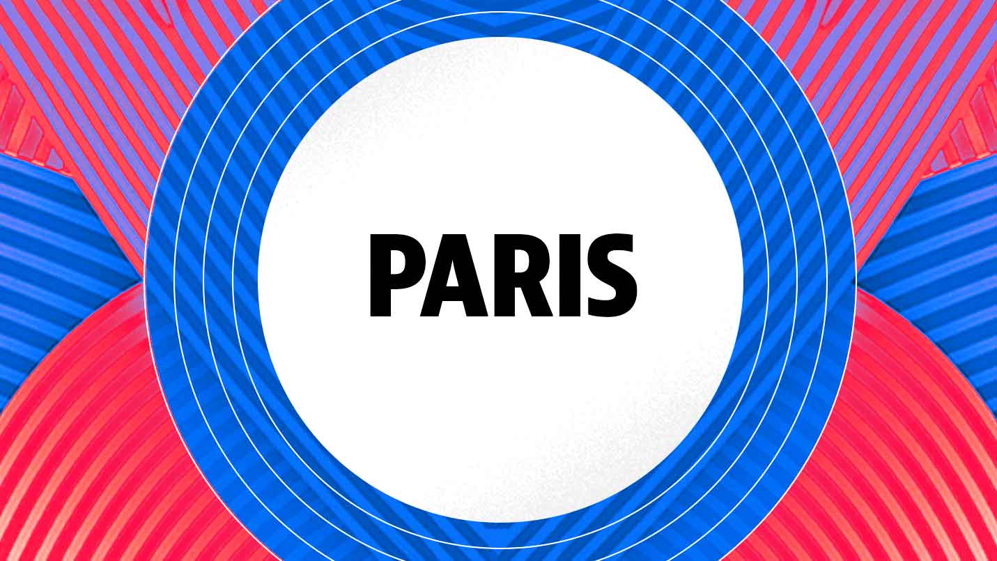 A purple and red circular design with "Paris" emblazoned in the centre. 