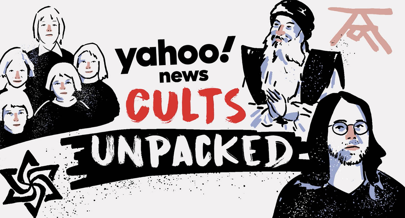 A graphic which reads 'Yahoo! News Cults Unpacked' with a drawing of children as well as two men.