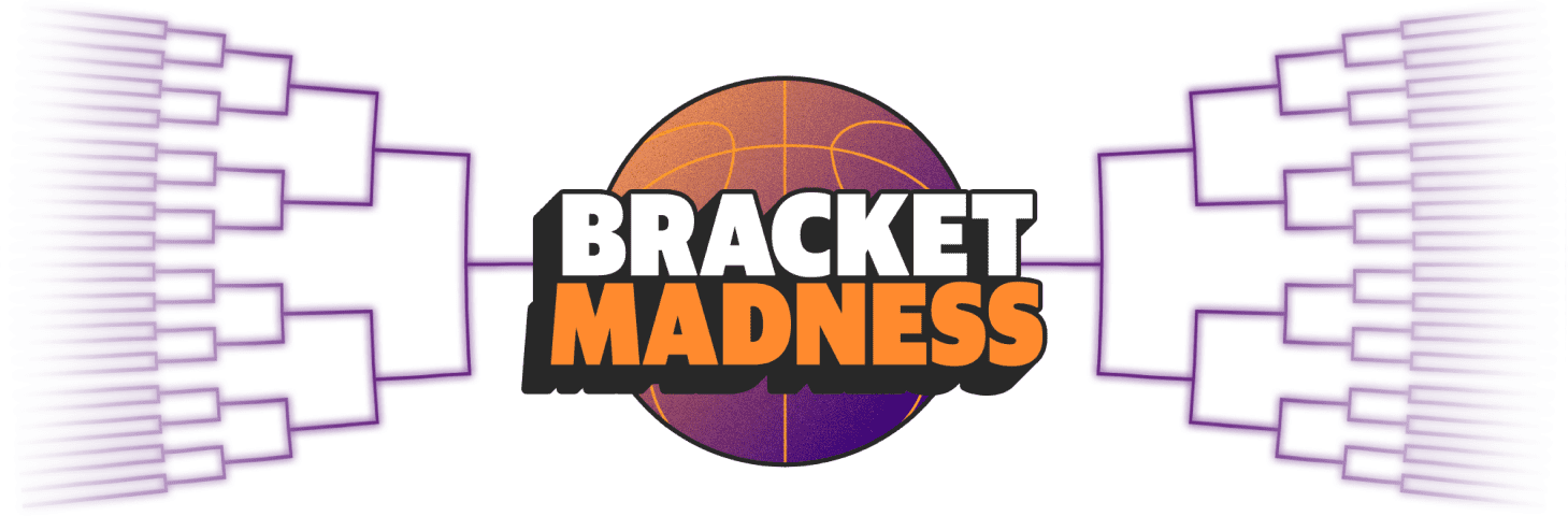 Bracket Madness Logo featuring a the words Bracket Madness overlaid on top of a basketball, surrounded by tournament brackets