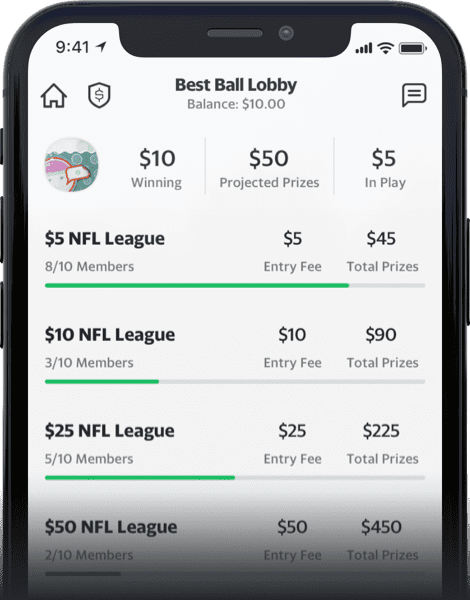 Screen grab of the Yahoo Fantasy App displaying the Best Ball lobby