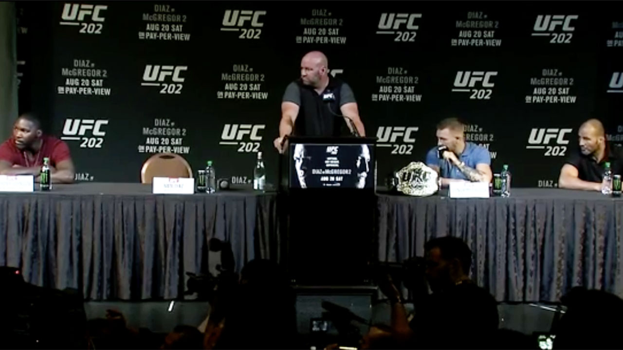 LOL: Bottle-throwing brawl breaks loose at UFC 202 press conference with McGregor and Diaz  Gregor1