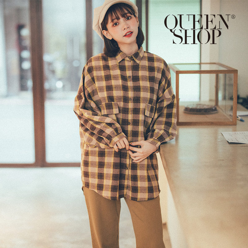 Ｑｕｅｅｎ Ｓｈｏｐ【01023540】配色格紋磨毛長袖襯衫 ＊現+預＊