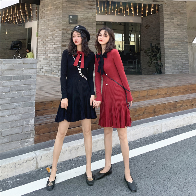VK旗艦店 韓國風針織收腰復古領結長袖洋裝