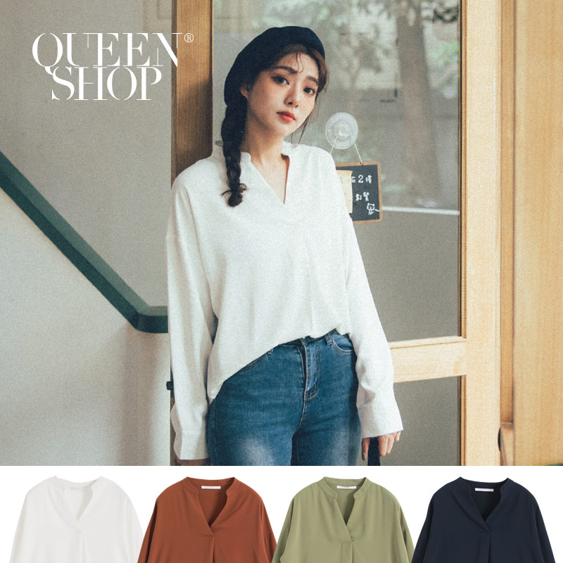 Ｑｕｅｅｎ Ｓｈｏｐ【01096299】基本素色V領長袖上衣 四色售＊現+預＊