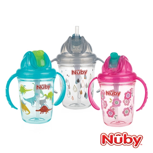 Nuby 晶透雙耳學飲杯 細吸管 240ml (款式任選)