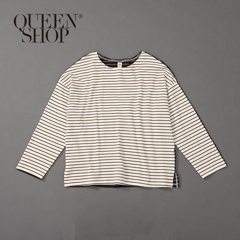 Ｑｕｅｅｎ Ｓｈｏｐ【01038001】咖啡撞色拼接條紋長袖上衣 1/2/3＊現+預＊