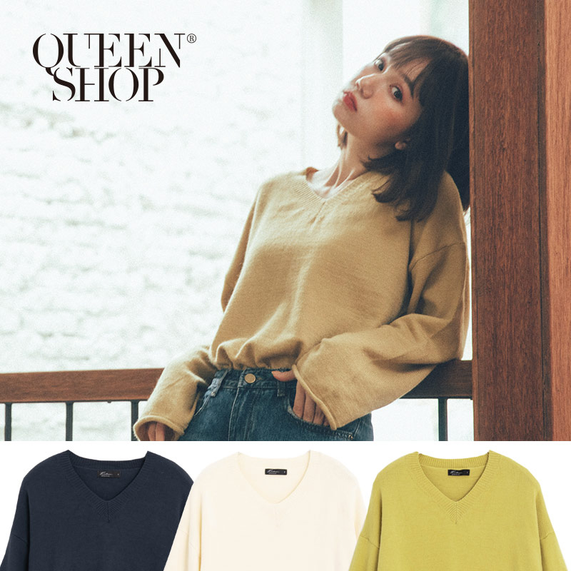 Ｑｕｅｅｎ Ｓｈｏｐ【01012353】V領素面捲邊針織上衣 三色售＊現+預＊