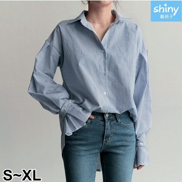 【V2609】shiny藍格子-知性百搭．條紋寬鬆燈籠袖襯衫