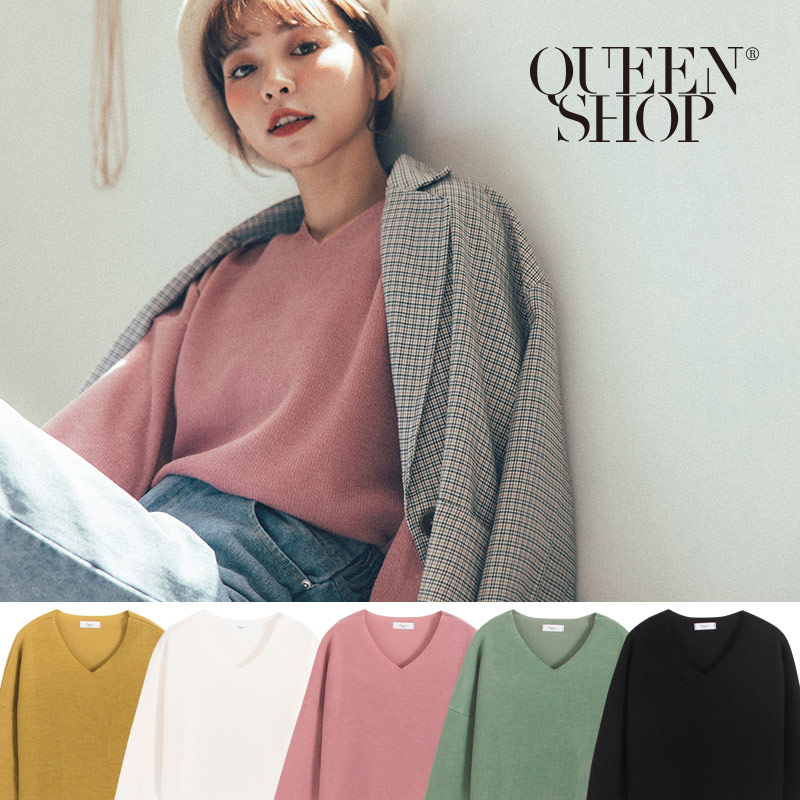 Ｑｕｅｅｎ Ｓｈｏｐ【01012374】基本百搭素色V領長袖針織上衣 五色售＊現+預＊