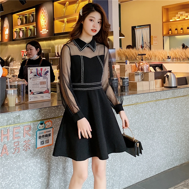 VK旗艦店 韓國風名媛網紗拼接收腰時尚氣質長袖洋裝