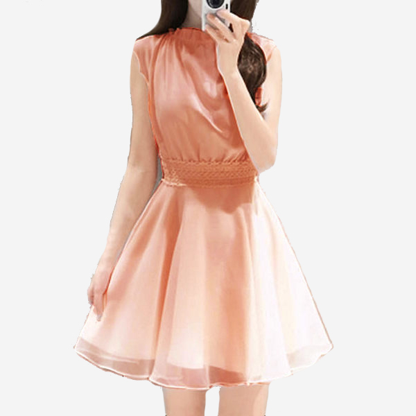 高雅立領無袖蕾絲腰洋裝 [粉橘色] MDD160009