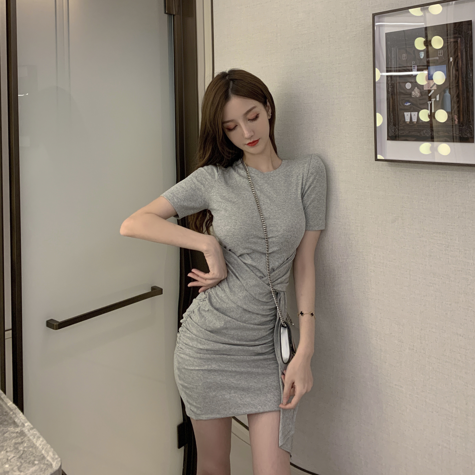 VK旗艦店 韓系收腰綁帶抽皺顯瘦修身氣質短袖洋裝