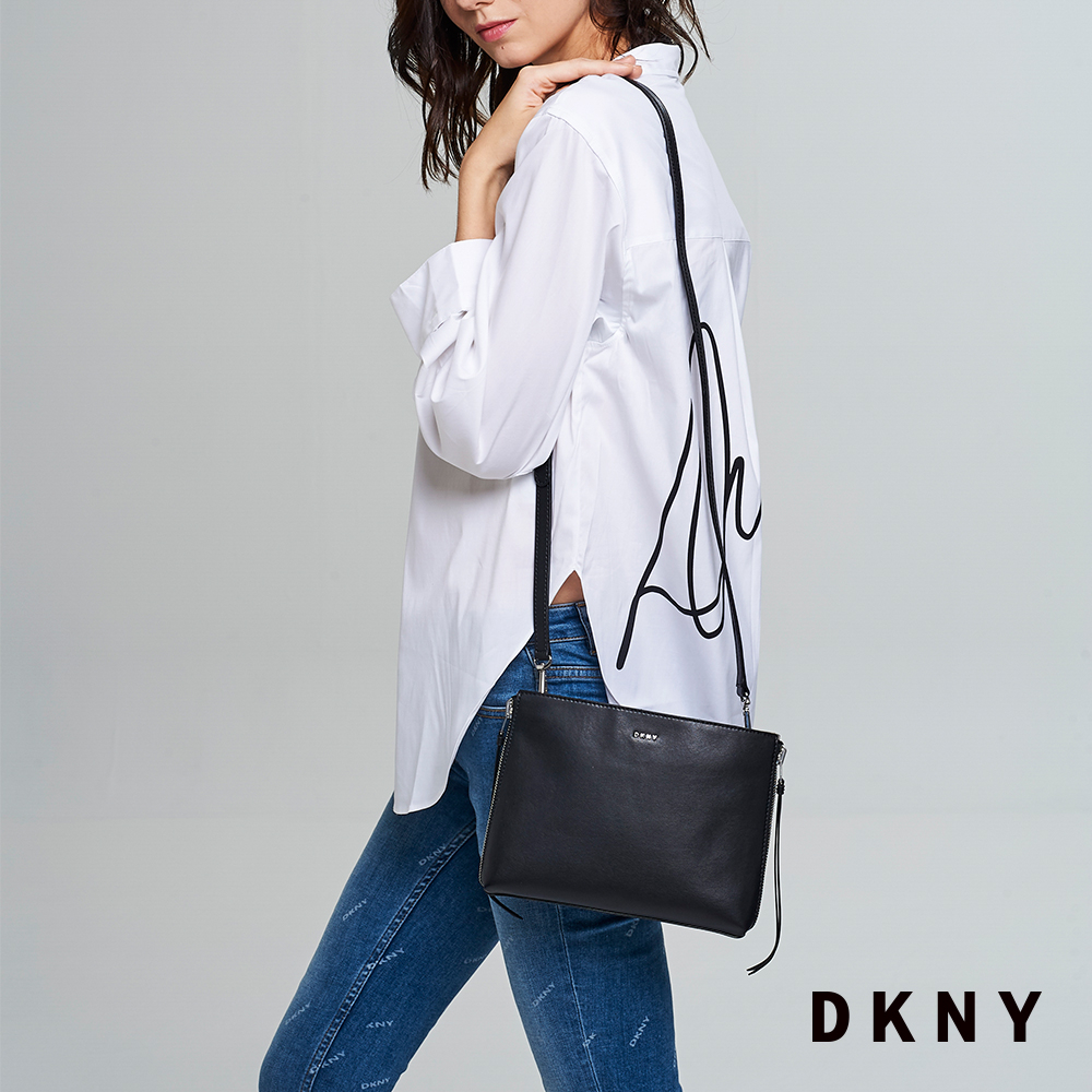 DKNY 女 斜背包 真皮 方型信封  黑