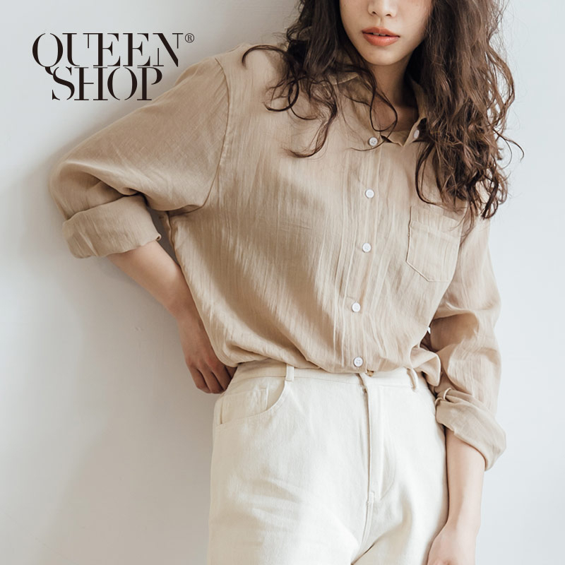 Ｑｕｅｅｎ Ｓｈｏｐ【01023415】簡約休閒棉麻長袖襯衫 兩色售＊現+預＊