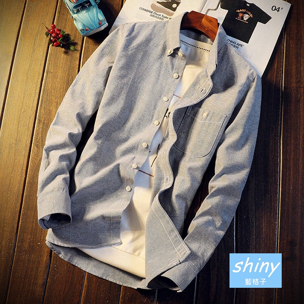 【Y212】shiny藍格子-輕熟休閒．秋冬季純色修身長袖襯衫上衣