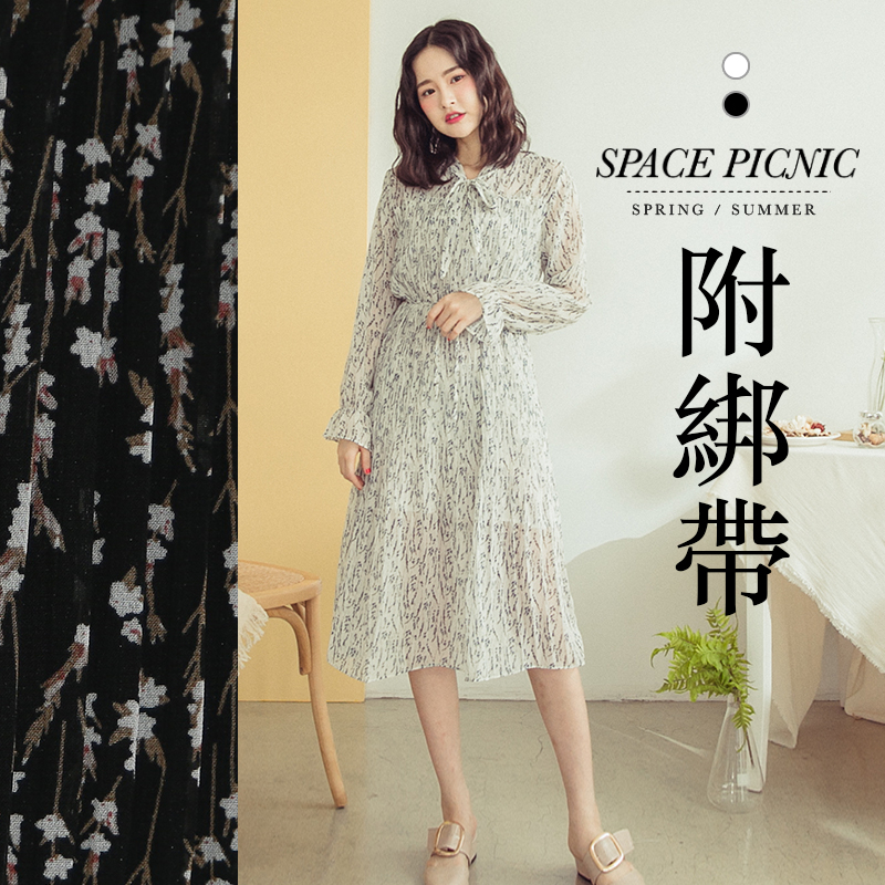 長袖 洋裝 Space Picnic｜滿版小碎花雪紡百摺洋裝-附綁帶(現+預)【C19033007】