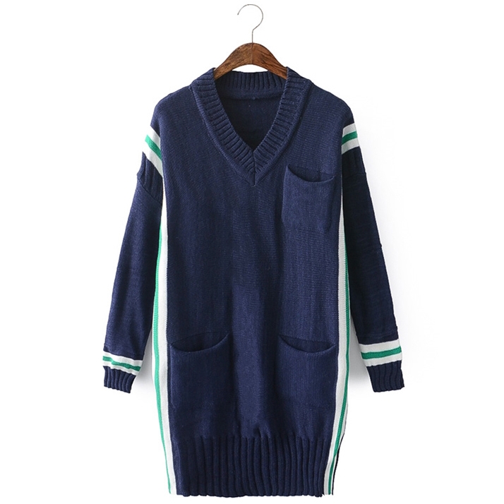 條紋運動風寬鬆V领雙口袋長版毛衣上衣短洋裝(黑  藍  粉)三色售 (M8FW)11752031
