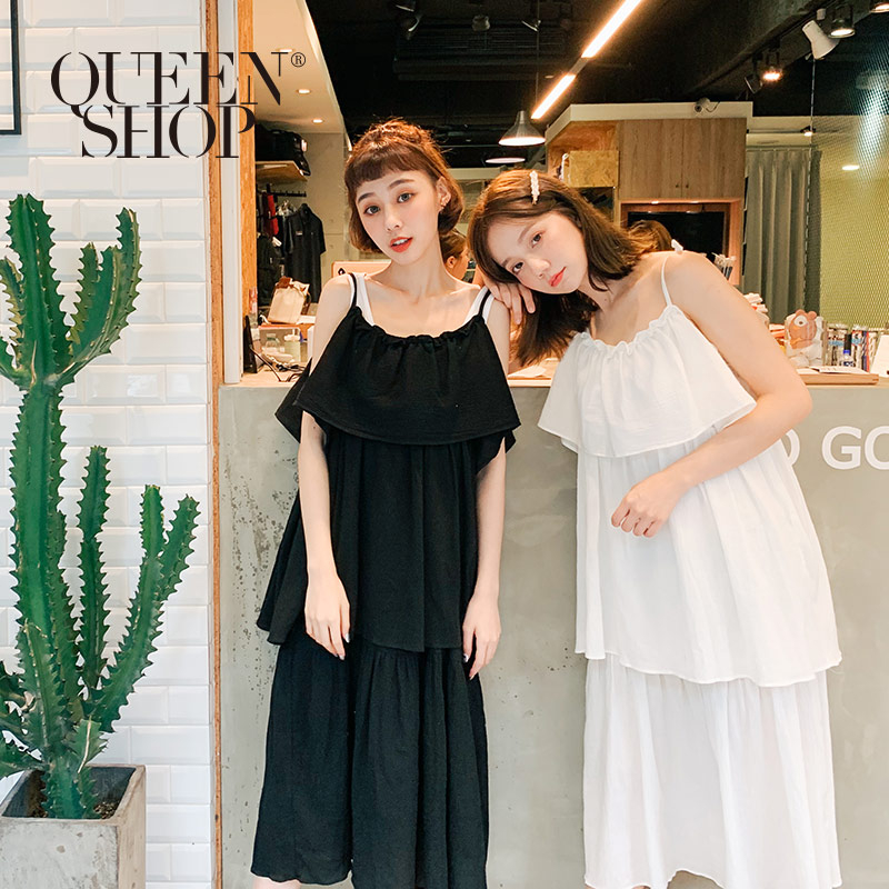 Ｑｕｅｅｎ Ｓｈｏｐ【01084501】簡約素色細肩帶蛋糕長洋裝 兩色售＊現+預＊