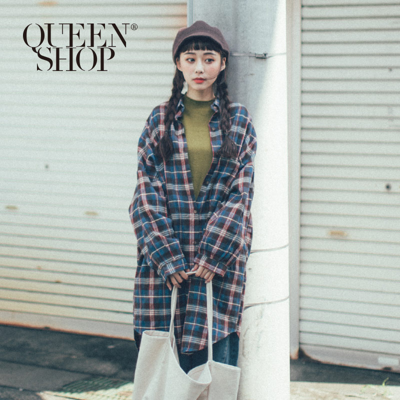 Ｑｕｅｅｎ Ｓｈｏｐ【01023541】配色格紋磨毛長版襯衫＊現+預＊