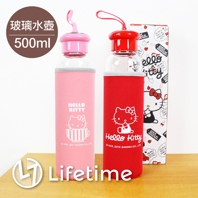 ﹝Kitty玻璃水壺500ml﹞正版玻璃水瓶 保溫瓶 水壺 附保溫套 凱蒂貓〖LifeTime一生流行館〗B05106