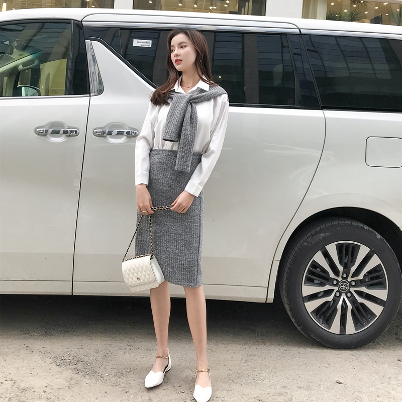 VK旗艦店 韓國風假兩件披肩白襯衫半身裙套裝長袖裙裝