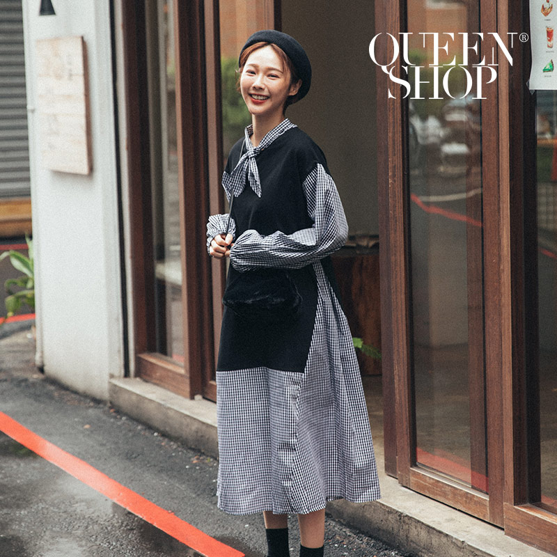 Ｑｕｅｅｎ Ｓｈｏｐ【01084780】拼接衛衣造型領格紋洋裝 兩色售 ＊現+預＊