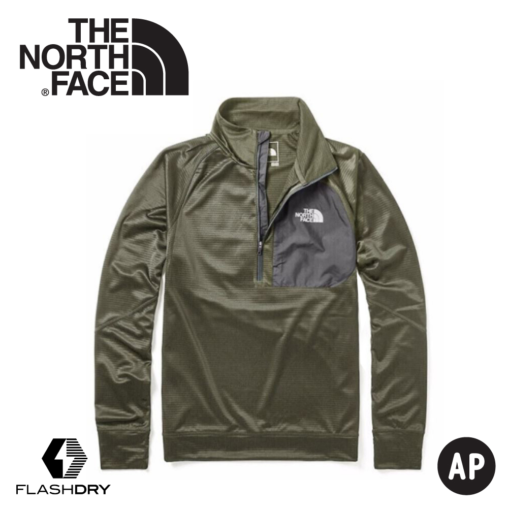 【The North Face 男 FlashDry刷毛保暖半門襟長袖上衣《灰綠》】46GW/休閒長袖/運動長袖