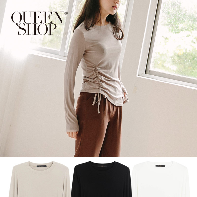 Ｑｕｅｅｎ Ｓｈｏｐ【01096417】基本素色側邊抽繩造型長袖上衣 三色售＊現+預＊