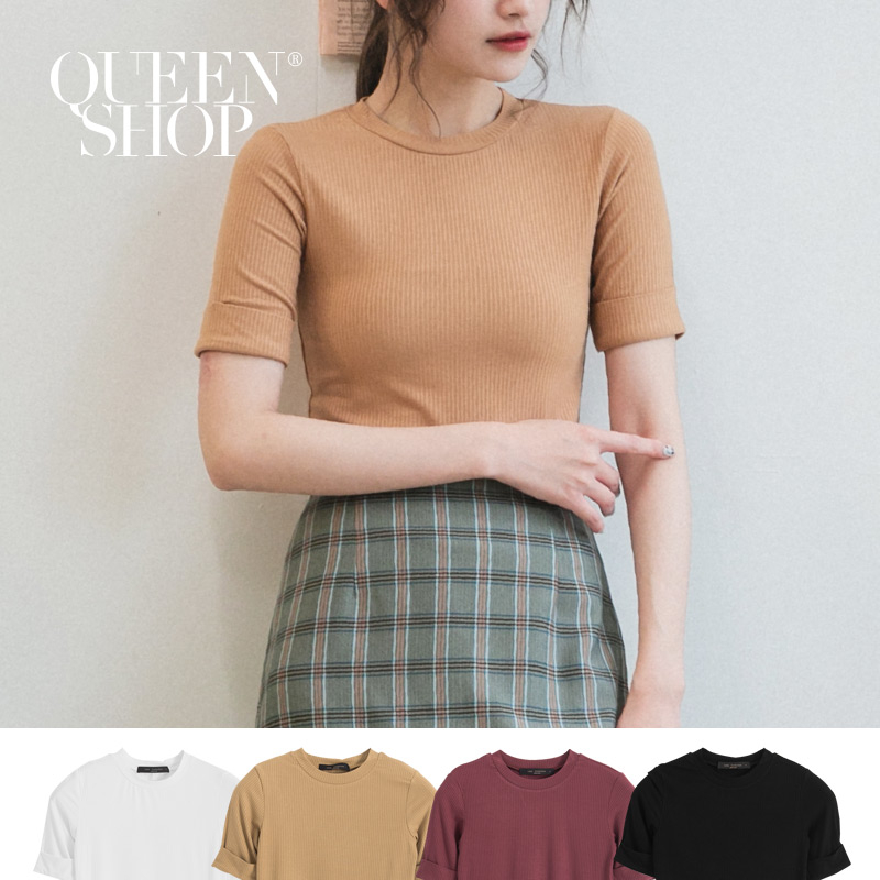 Ｑｕｅｅｎ Ｓｈｏｐ【01096352】袖反摺坑條合身上衣 四色售 S/M＊現+預＊