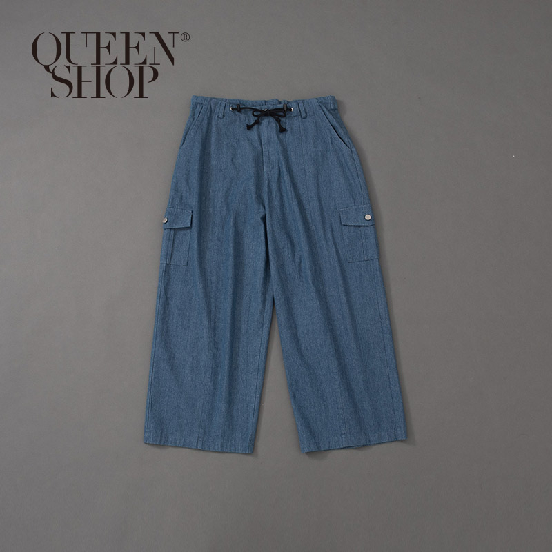 Ｑｕｅｅｎ Ｓｈｏｐ【04120028】高腰抽繩落地多口袋牛仔褲 兩色售 1/2＊現+預＊