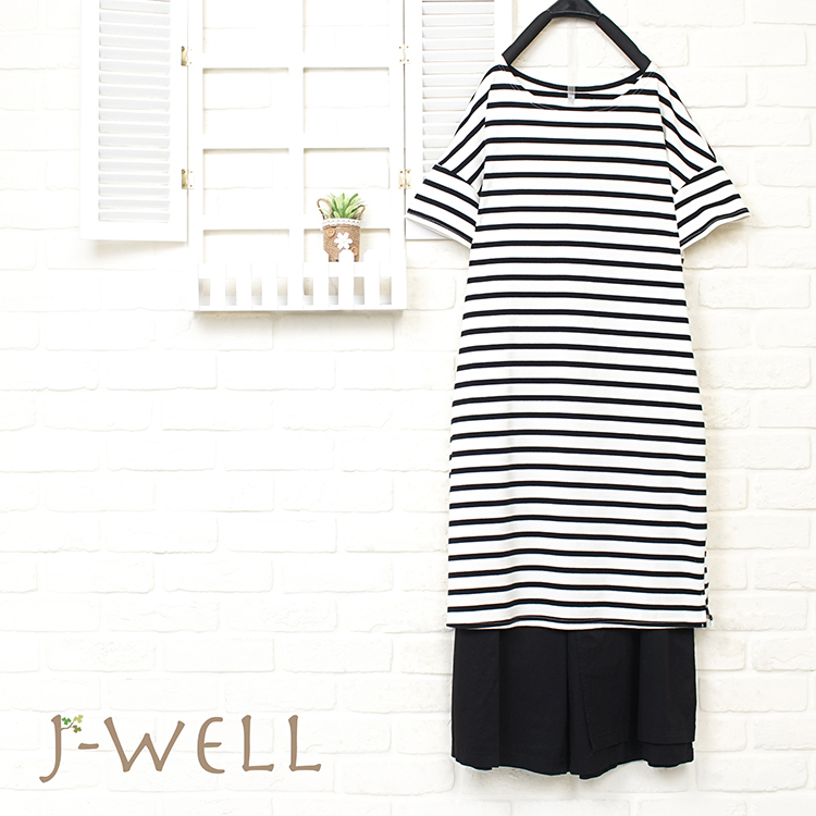 J-WELL 輕鬆感條紋洋裝寬褲二件組 (組合892 8J1431黑白+8J1531黑)