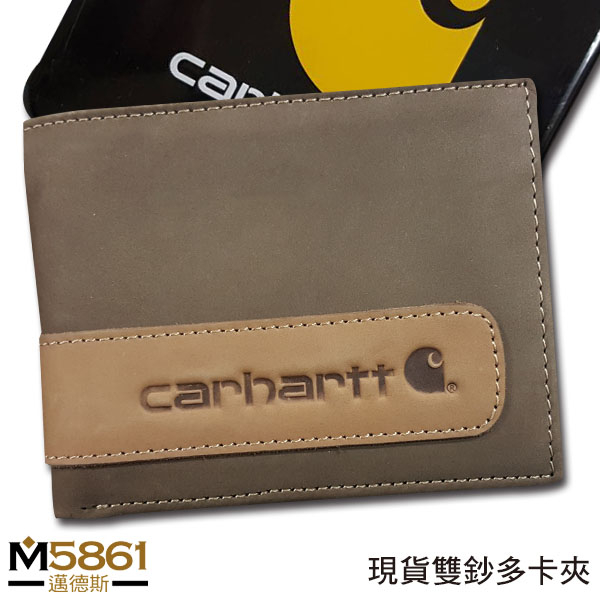 【Carhartt】男皮夾 短夾 牛皮夾 麂皮 雙鈔夾 經典鐵盒裝／棕色
