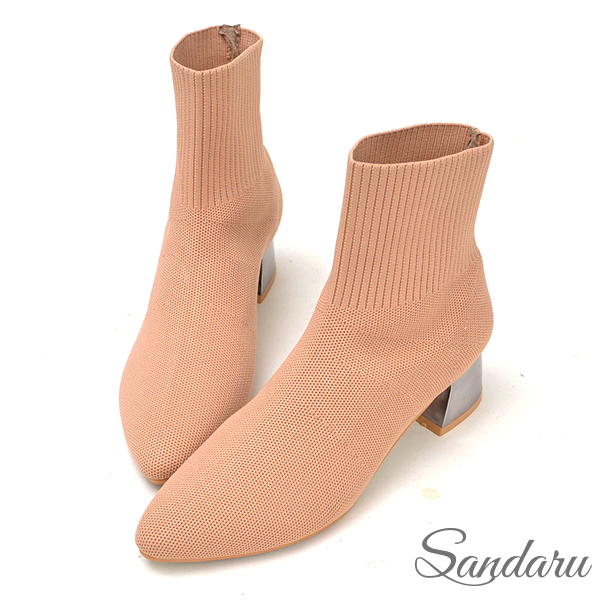 Sandaru山打努 ‧ ALISA 韓版金屬跟針織尖頭襪靴-米