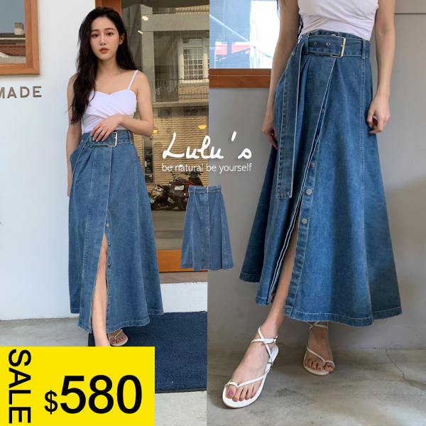 LULUS-C前排釦傘擺牛仔長裙-附腰帶S-L-藍  【05030780】