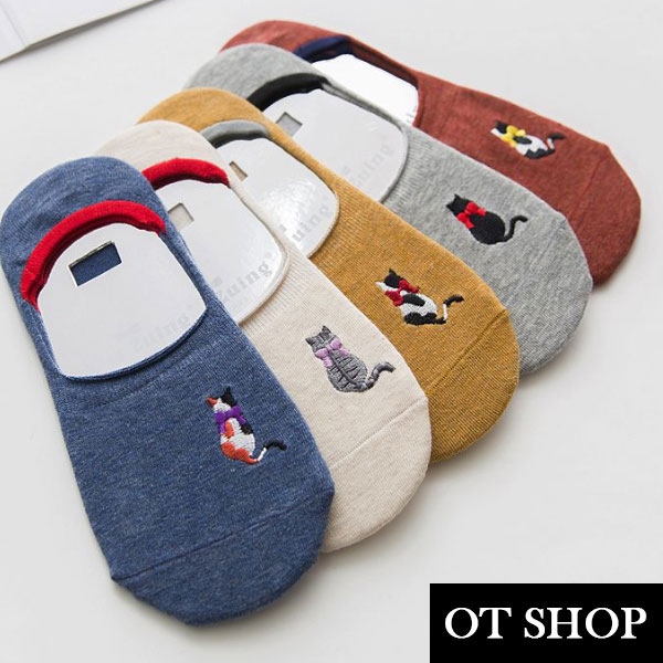 [現貨] [多件優惠] 隱形襪 襪子 船型襪 短襪 可愛貓咪刺繡 女生配件 配件 純棉 M1005