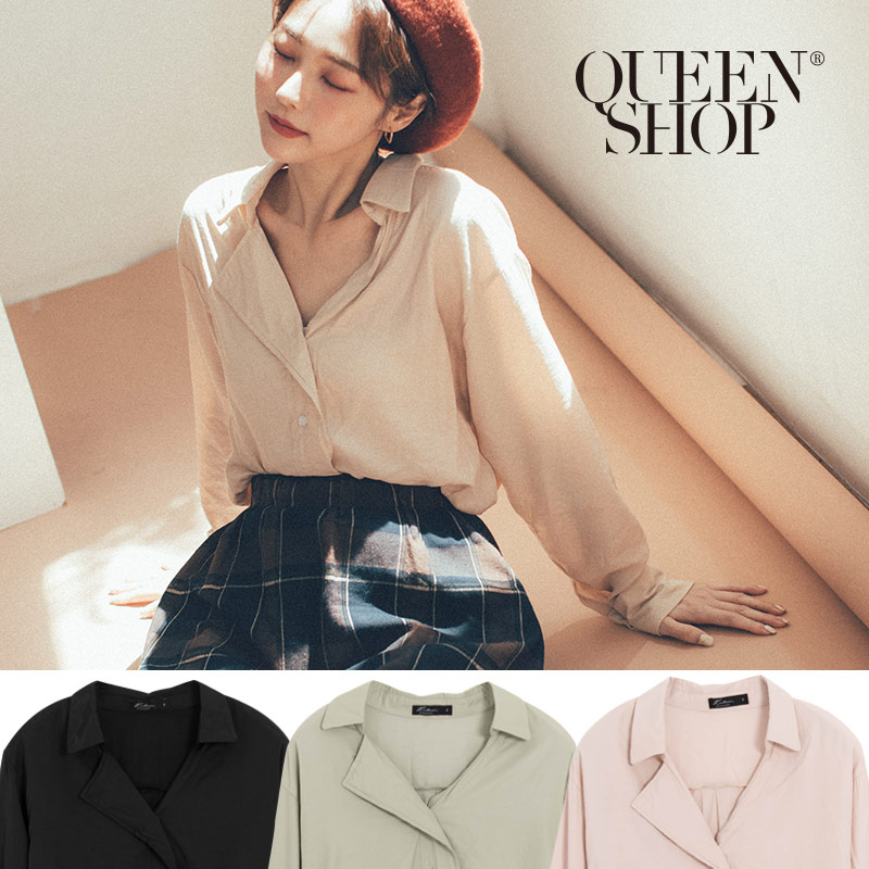 Ｑｕｅｅｎ Ｓｈｏｐ【01023552】V領排釦滑面襯衫 三色售＊現+預＊