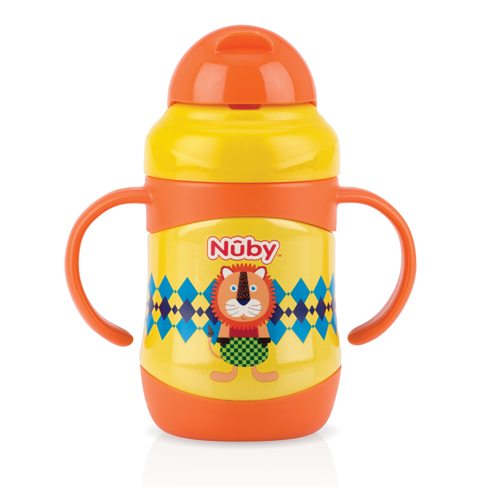 Nuby 220ml 不銹鋼真空學習杯 獅 (粗吸管)