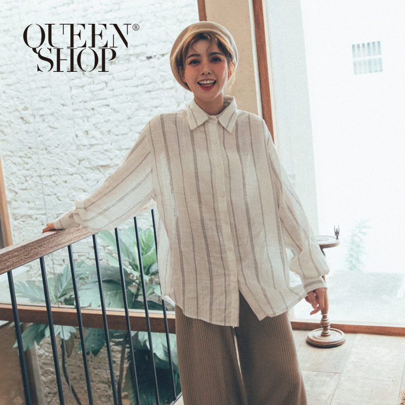 Ｑｕｅｅｎ Ｓｈｏｐ【01023604】配色條紋寬版長袖襯衫 兩色售＊現+預＊