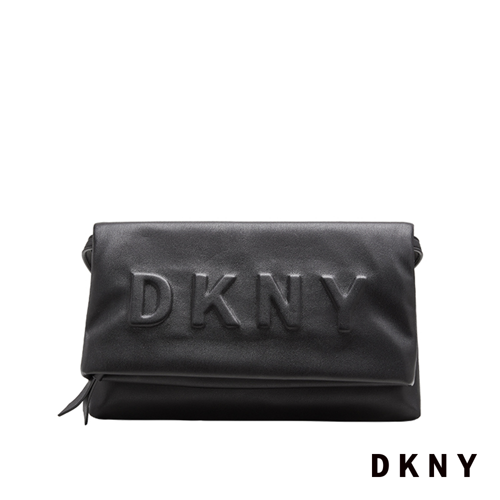 DKNY 女 斜背包 掀蓋 個性LOGO壓紋 黑