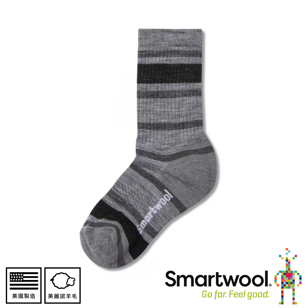 【SmartWool 美國 童健行輕量避震條紋中長襪《淺灰/黑》】SW001212/排汗襪/保暖襪/運動襪/兒童襪