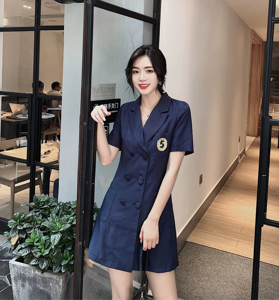 VK旗艦店 韓國風雙排扣刺繡西裝短袖洋裝