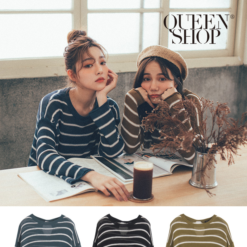 Ｑｕｅｅｎ Ｓｈｏｐ【01012342】後簍空透視感條紋針織上衣 三色售＊現+預＊