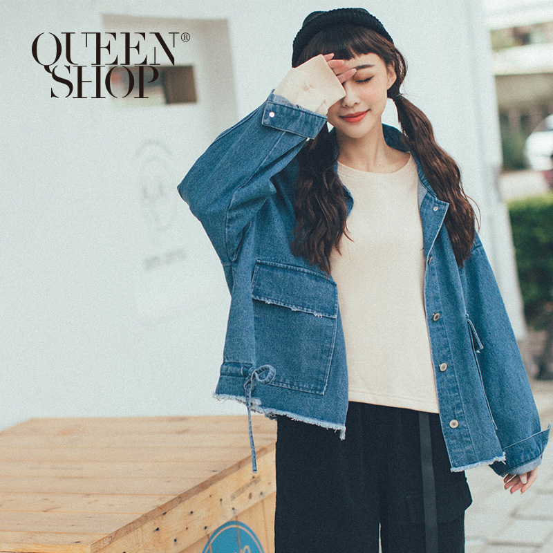 Ｑｕｅｅｎ Ｓｈｏｐ【02071161】鬚邊綁帶設計牛仔外套 兩色售＊現+預＊