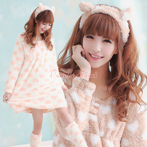 日系暖暖洋裝珊瑚絨睡衣(含襪套＋髮帶) - 香草甜心
