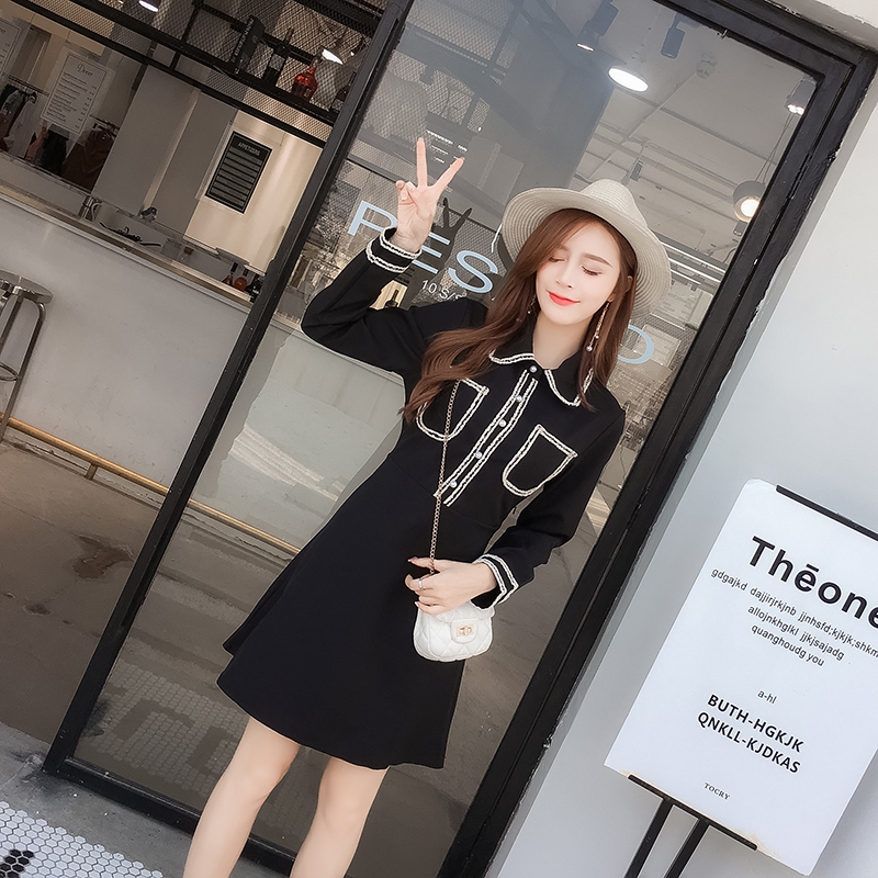 VK旗艦店 韓系優雅娃娃領黑白撞色修身顯瘦長袖洋裝