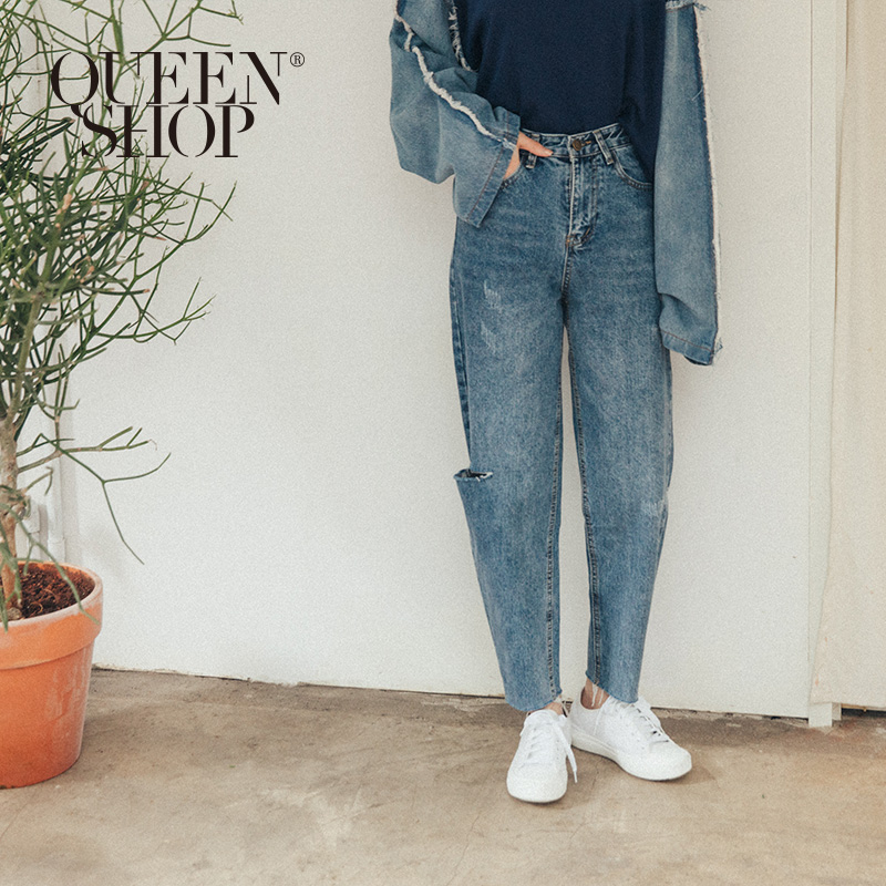 Ｑｕｅｅｎ Ｓｈｏｐ【04011371】基本百搭刷白剪破造型牛仔褲 S/M/L/XL＊現+預＊